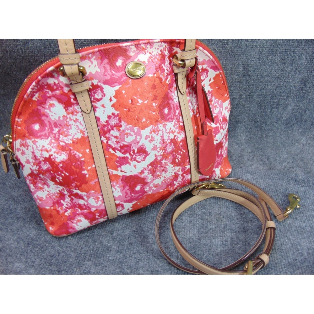 Coach Satchel Pink Orange Floral Coated Canvas Leather Trim F31341‎ FLAW READ